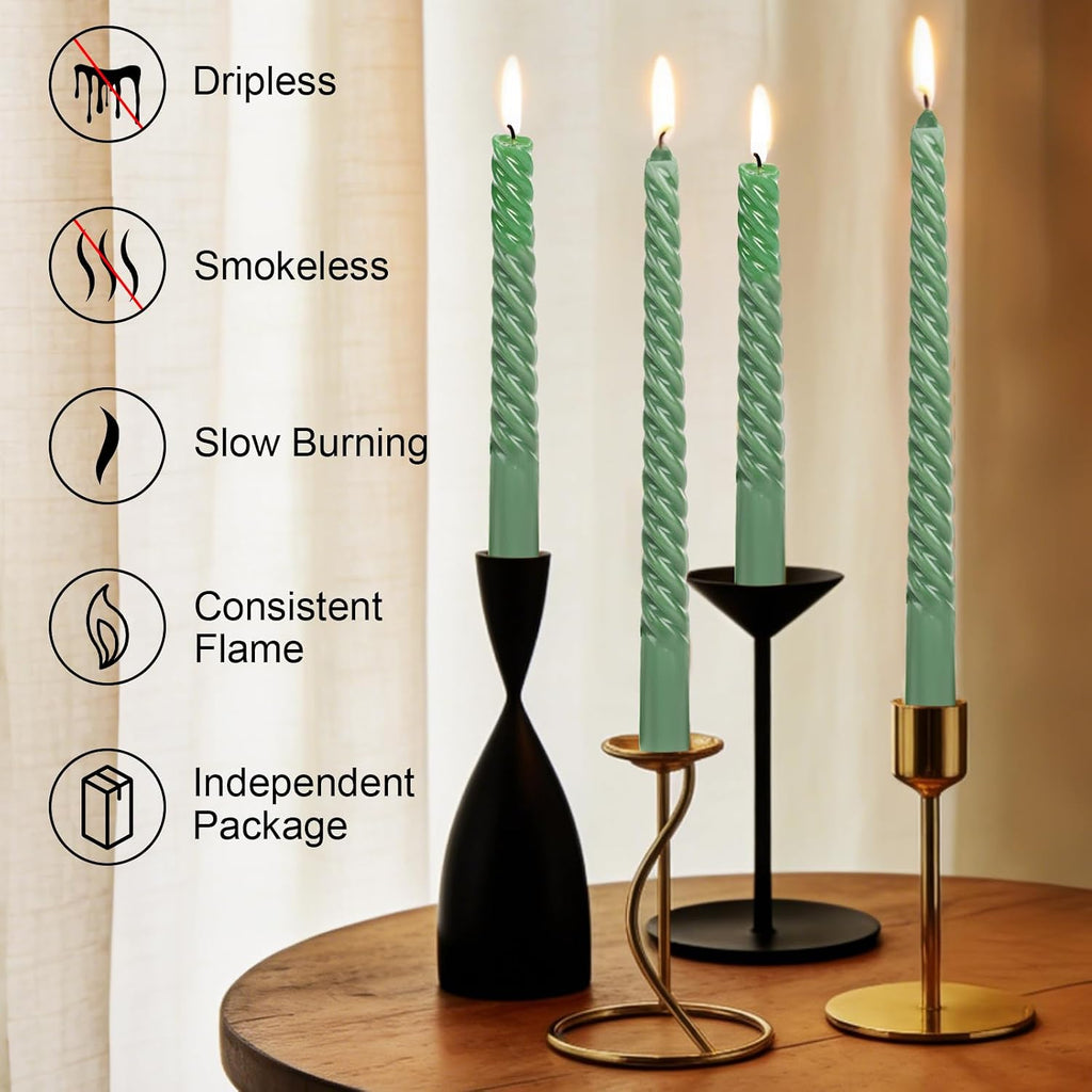 Tobeape 10" Green Spiral Taper Candle Sticks 4 Pack, Unscented & Dripless