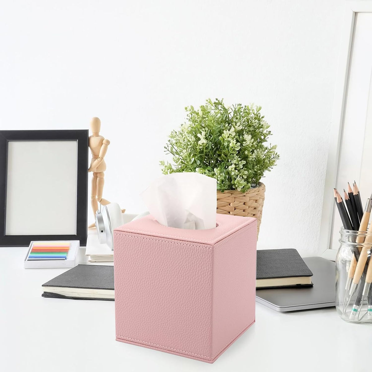 Sumnacon Tissue Box Cover Square,Magnetic Bottom PU Tissue Box Holder,Pink