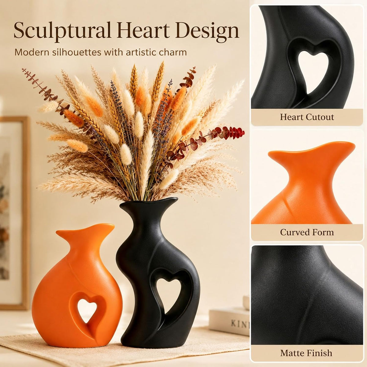 Fall Ceramic Vases Heart Shaped Vase Set of 2 (Orange & Black)