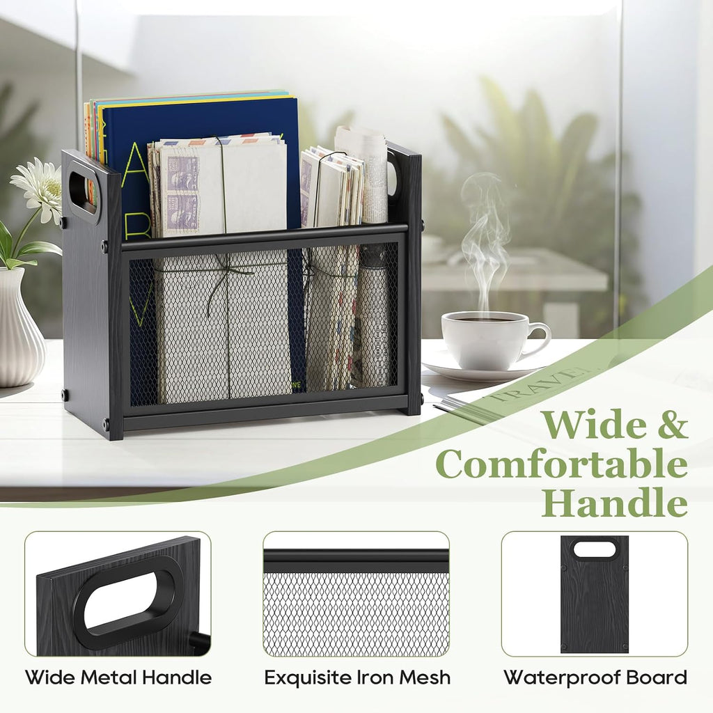 Black Magazine Holder, Wood Magazine Rack Floor, Mesh Magazine File Holder, Magazine Storage Basket, Magazine Holders for Classroom, Magazine Stand for Desk, Folder Organizer Bin for Books
