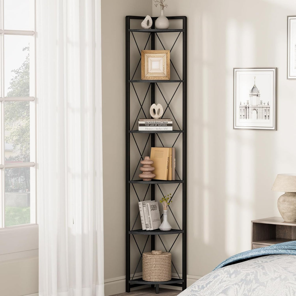 6 Tier Corner Shelf Stand, 78" H Tall Corner Bookshelf, Black
