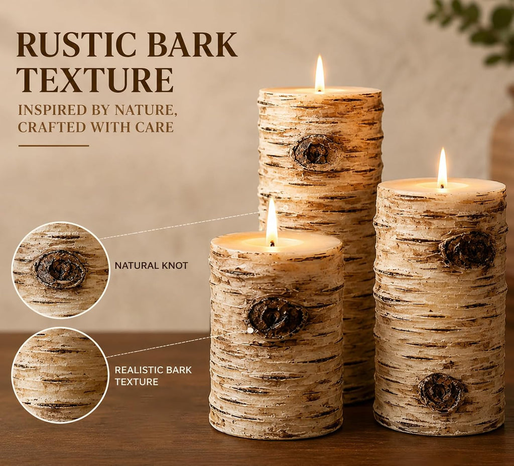 Rustic Birch Bark Pillar Candle Set of 3, Unscented Home Decor