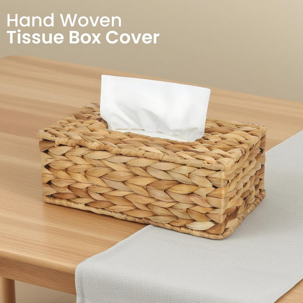 Water Hyacinth Rectangular Tissue Box Cover - Handwoven Natural Decorative Tissue Holder, Fits Standard Rectangular Tissue Boxes for Living Room, Bedroom, Bathroom, Sustainable Home Decor