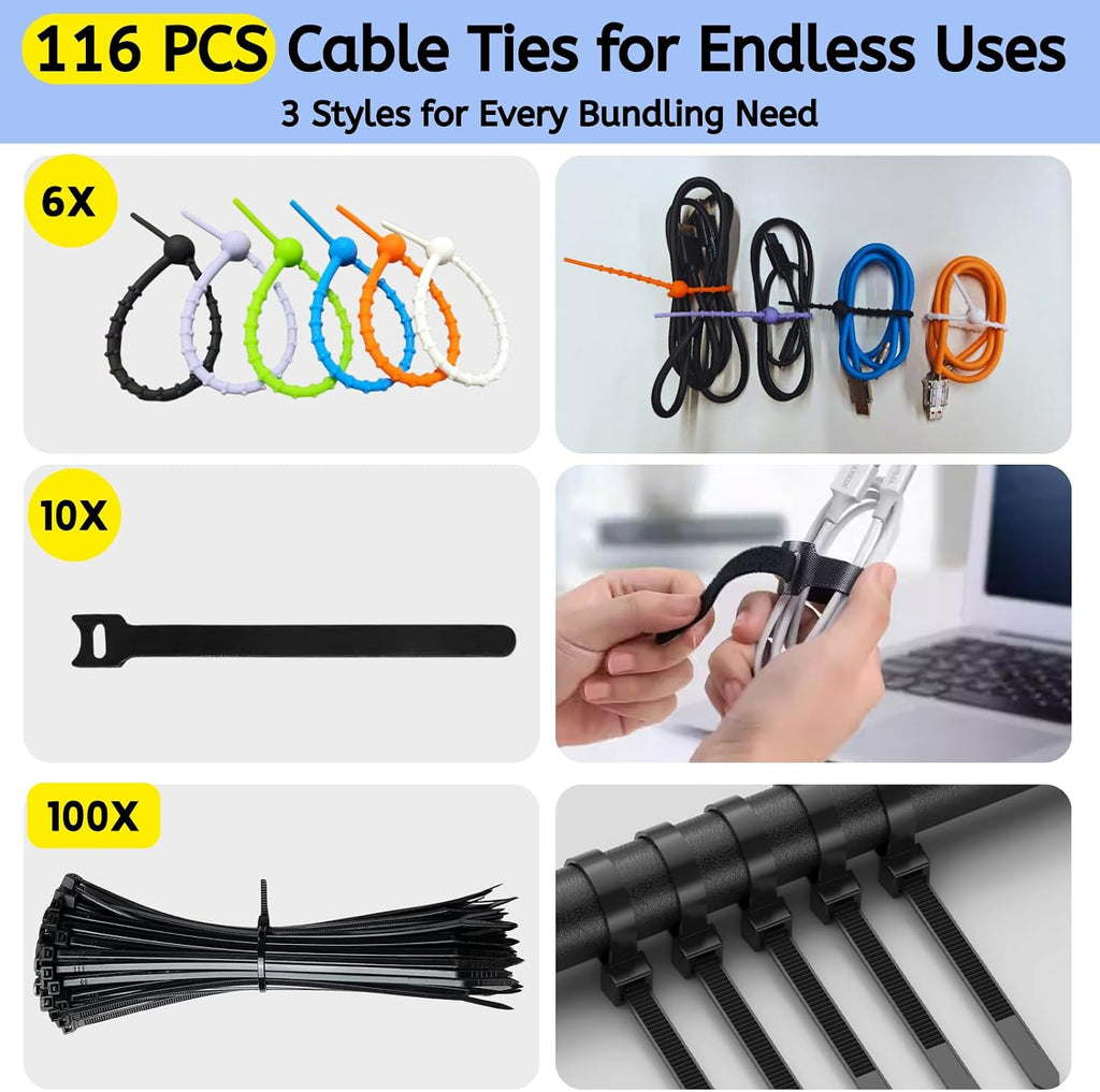 Cable Box - [142Pcs] Cable Management Kit, Medium Cord Hider Box to Conceal Power Strip Holder on Desk or Floor, Under Desk Cable Management Kit Cable Organizer Box, TV Cord Organizer Box, Black