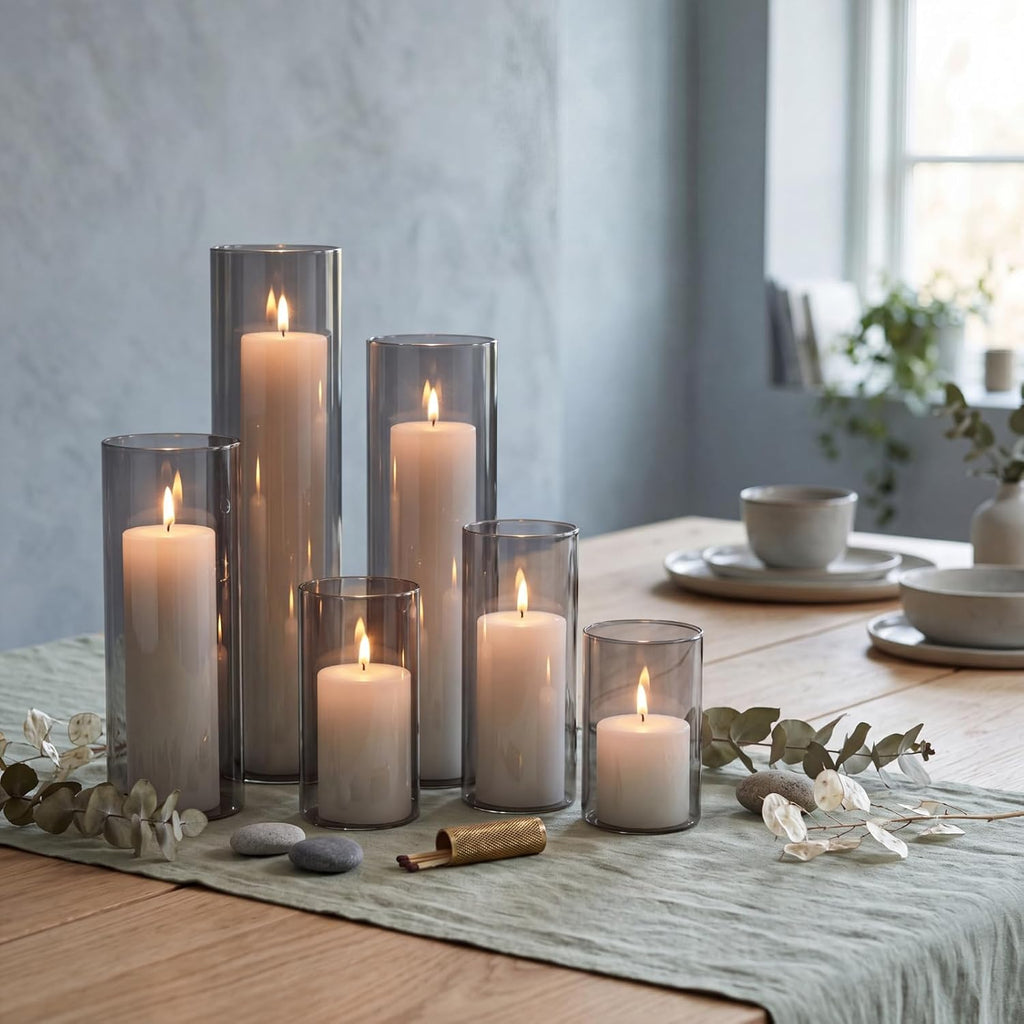 Shihanee 6 Glass Cylinder Vase Pillar Candle,White, Smoky Black,Set of 6