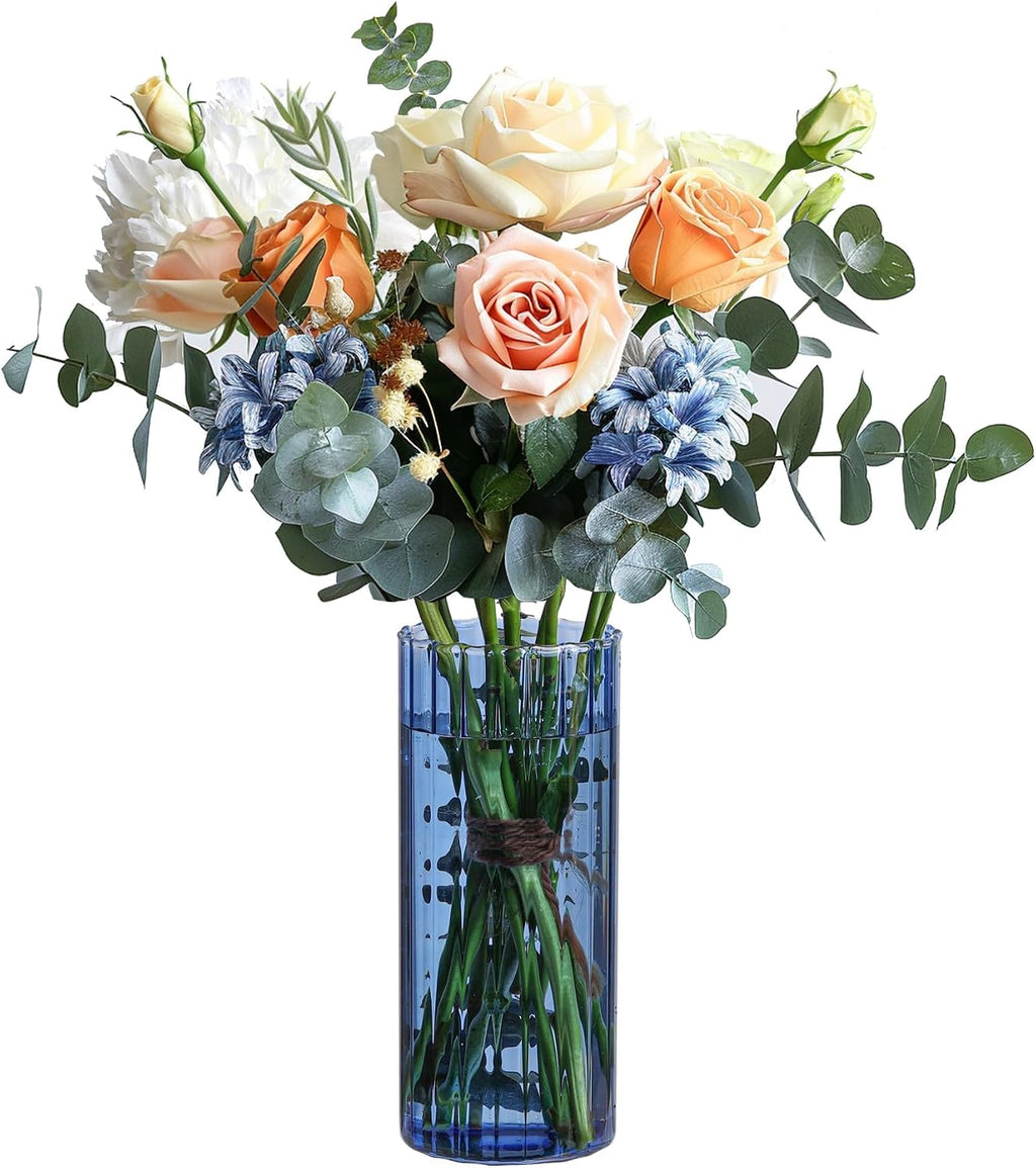 ComSaf Glass Cylinder Vase 8 Inch Tall, Blue Ribbed Decor for Centerpieces