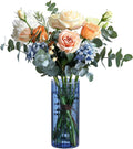 ComSaf Glass Cylinder Vase 8 Inch Tall, Blue Ribbed Decor for Centerpieces