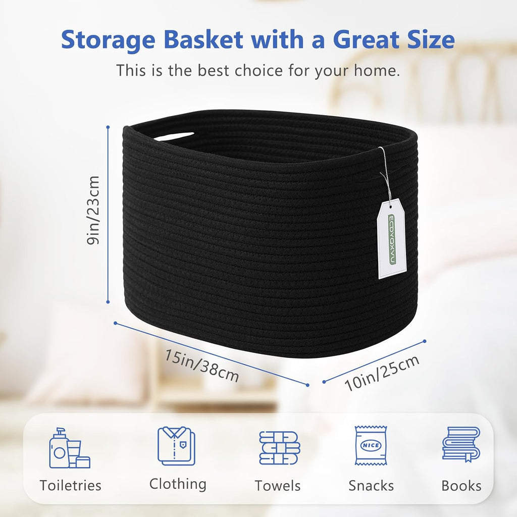 ECDYQXVU 15x10x9 Inch Woven Cotton Rope Storage Basket, Black, 2 Pack