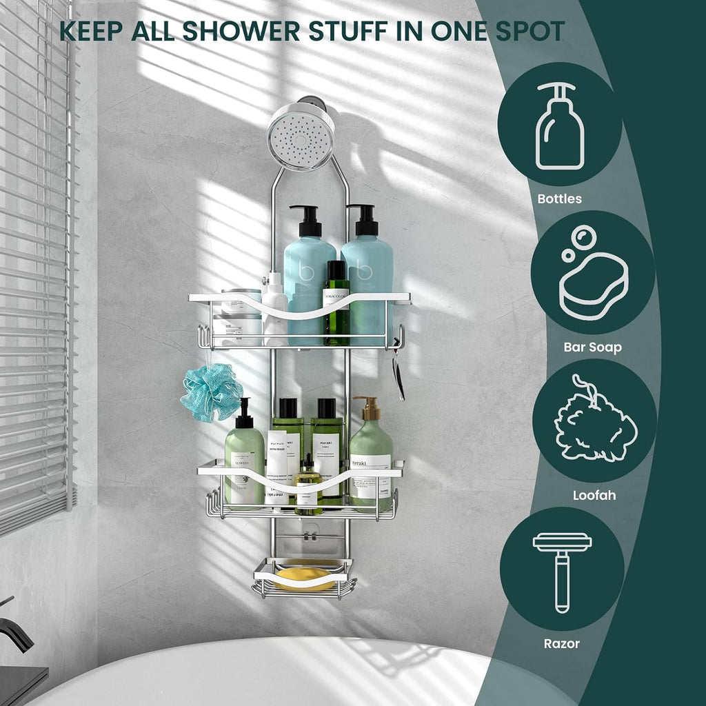 REINHARDT Adjustable Shower Caddy Hanging Over Shower Head, Silver
