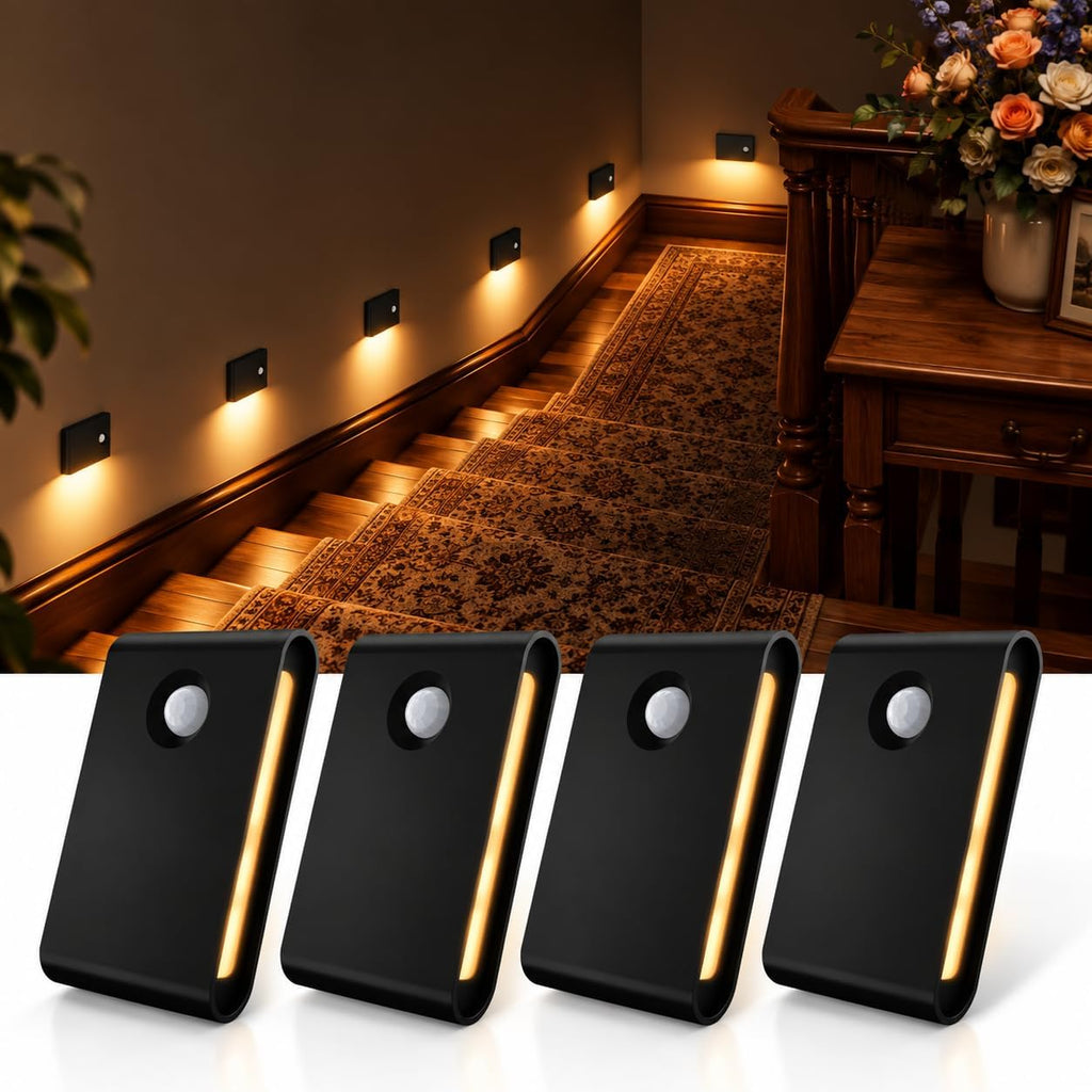 EZVALO 4 Pack Motion Sensor Night Lights Indoor, Rechargeable 1500mAh LED Stair Lights with Magnetic & Dimmable, Auto On/Off 3000K Soft White, Adhesive No Drill for Stairs, Hallway, Bathroom, Closet