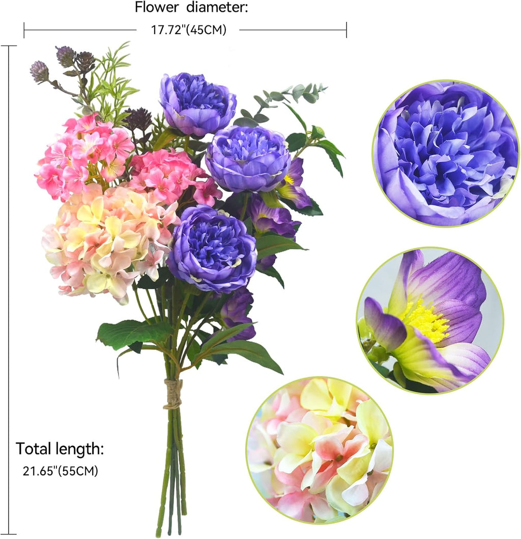 Artificial Flowers Bouquet – Fake Silk Hydrangea Peony and Eucalyptus Mix, Faux Flower Arrangements for Home, Office Decor and Dining Table Centerpieces (Yellow Pink&Dark Purple)