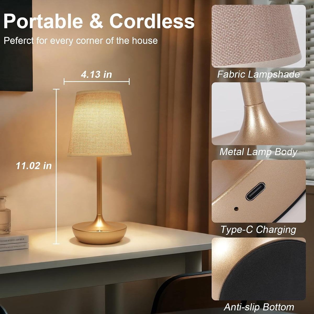 Cordless Table Lamp Rechargeable, Fabric Shade Bedside Lamp