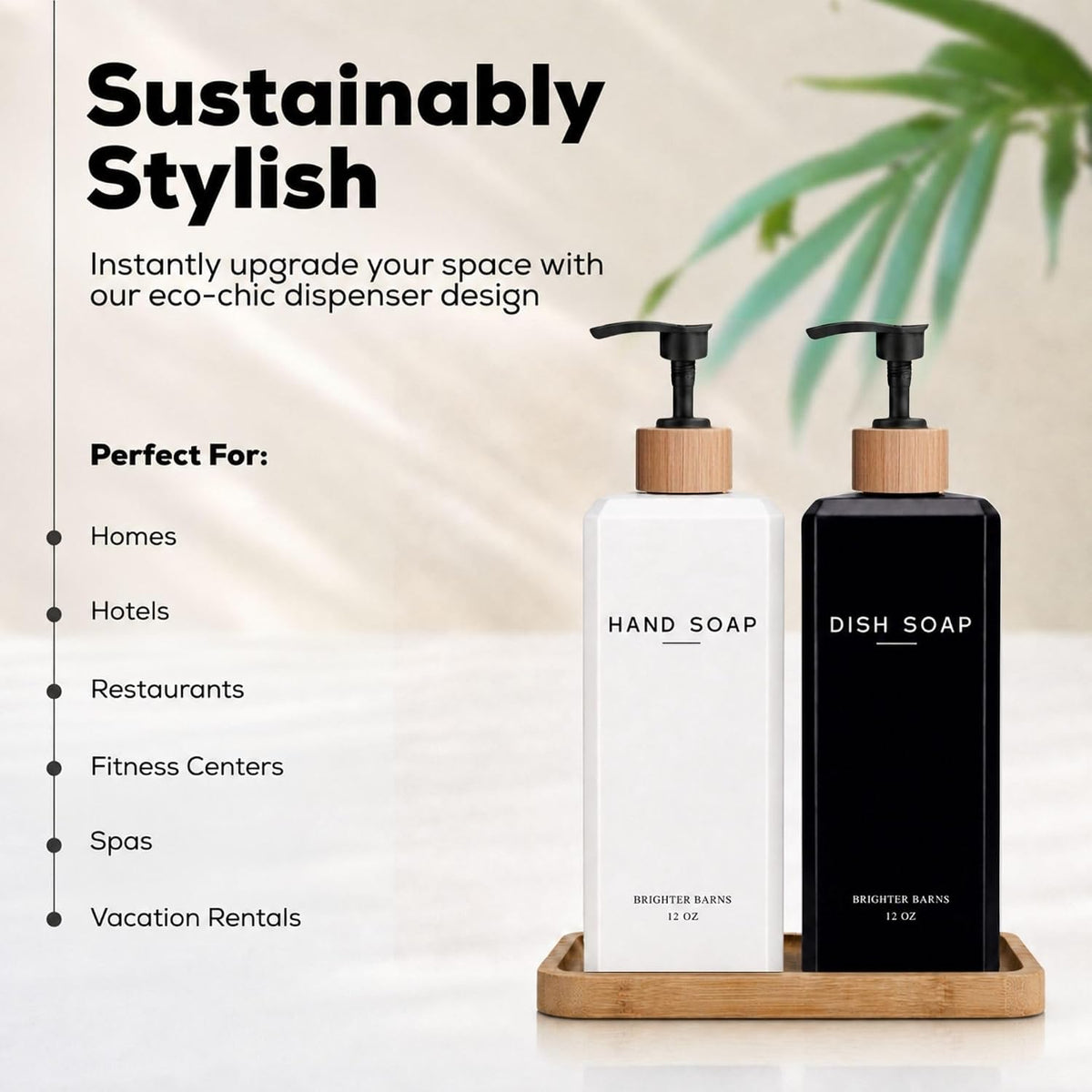 Luxury Glass Hand and Dish Soap Dispenser Set by Brighter Barns - 12oz Kitchen Soap Dispenser Set - Liquid Hand Soap Bottle with Tray & Pump - Modern Farmhouse Decor for Sink, Restaurant (Black/White)