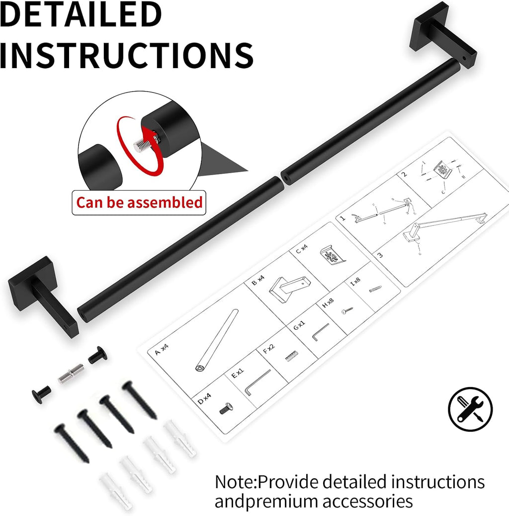 MKO Towel Bar for Bathroom, 24" 2 Pack Wall Mounted Towel Rack, Black