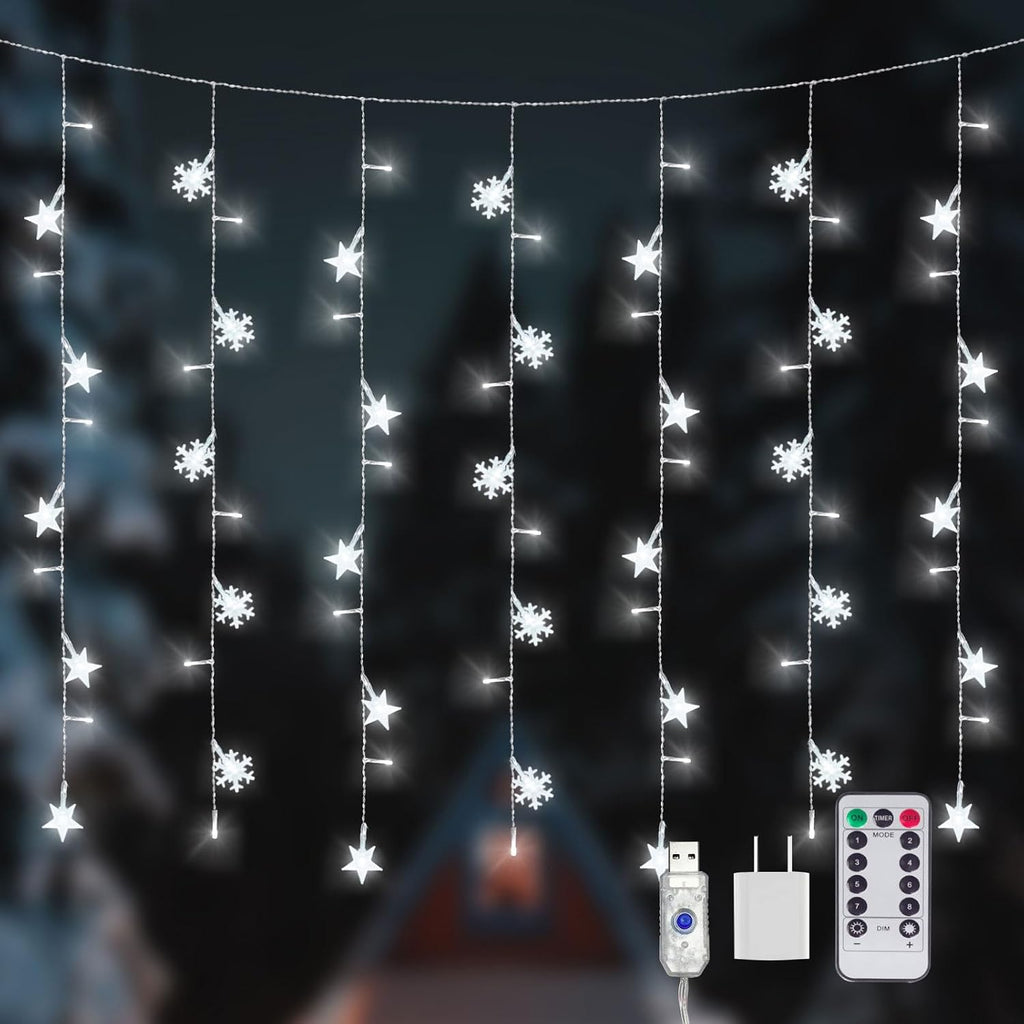 Newhale 8 Modes Christmas Curtain String Lights with Snowflake and Star, USB Plug in Wall Lights Christmas Decorations Indoor, Xmas Window Light Decor, White