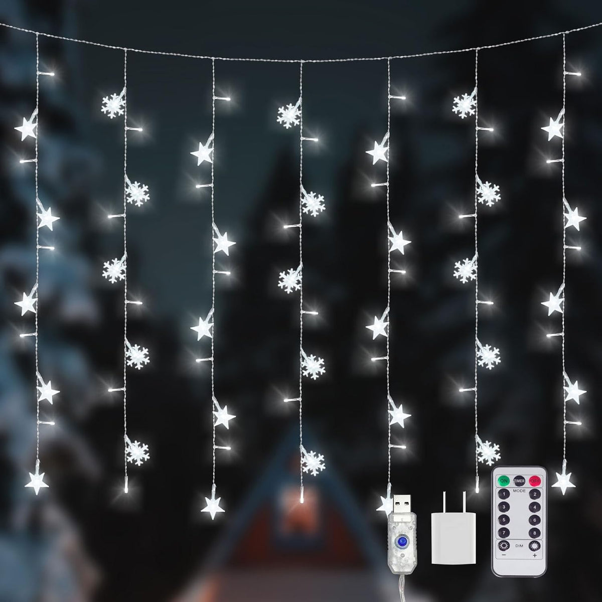 Newhale 8 Modes Christmas Curtain String Lights with Snowflake and Star, USB Plug in Wall Lights Christmas Decorations Indoor, Xmas Window Light Decor, White