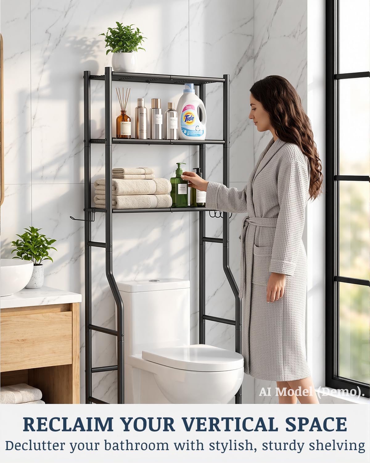 GloTika 3-Tier Over Toilet Storage Cabinet, No Drilling, 64" H, Black