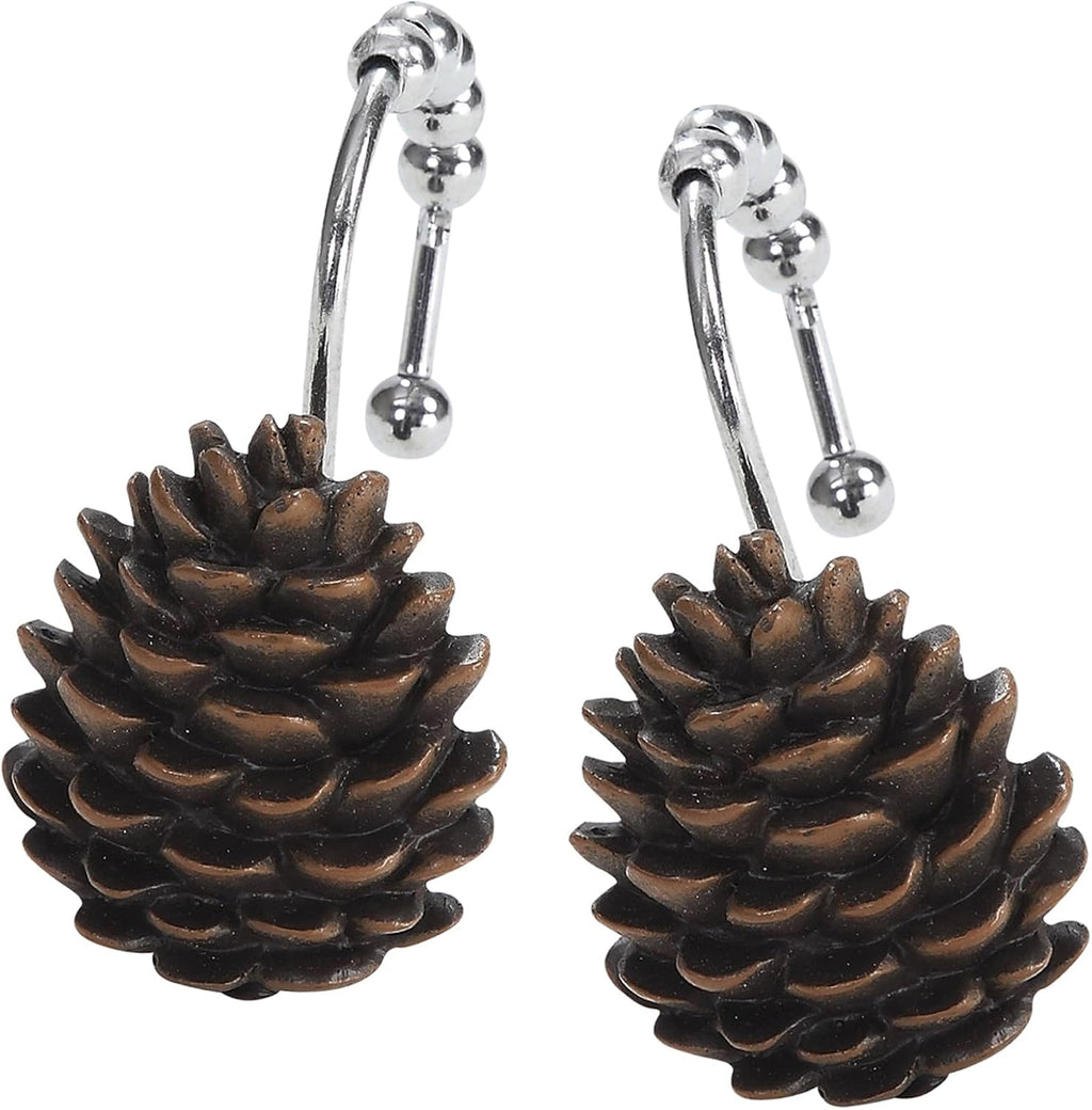 Brown Pinecone Shower Curtain Hooks, Rustproof Rustic Cabin Shower Hooks for Shower Curtain, 5 Roller Ring Balls Lodge Christmas Decorative Bathroom Curtain Hooks, Set of 12