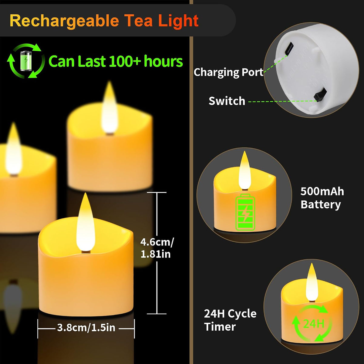 YiaMia USB-C Rechargeable Tea Lights with Charging Base 12 Pack