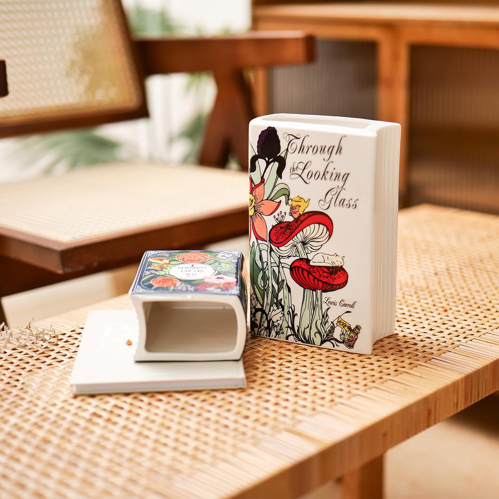 Book-Shaped Decorative Vase,Romehaha Book Vase for Flowers,Modern Ceramic Aesthetics Infused with Artistic Cultural Style,Cute Bookshelf Decor(Large - Through The Looking Glass)