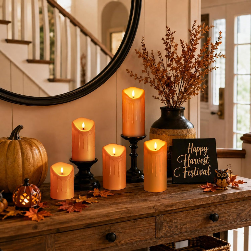 Orange Flameless Candles 5 Pack, Battery Operated Pillar Candles Fall Decor