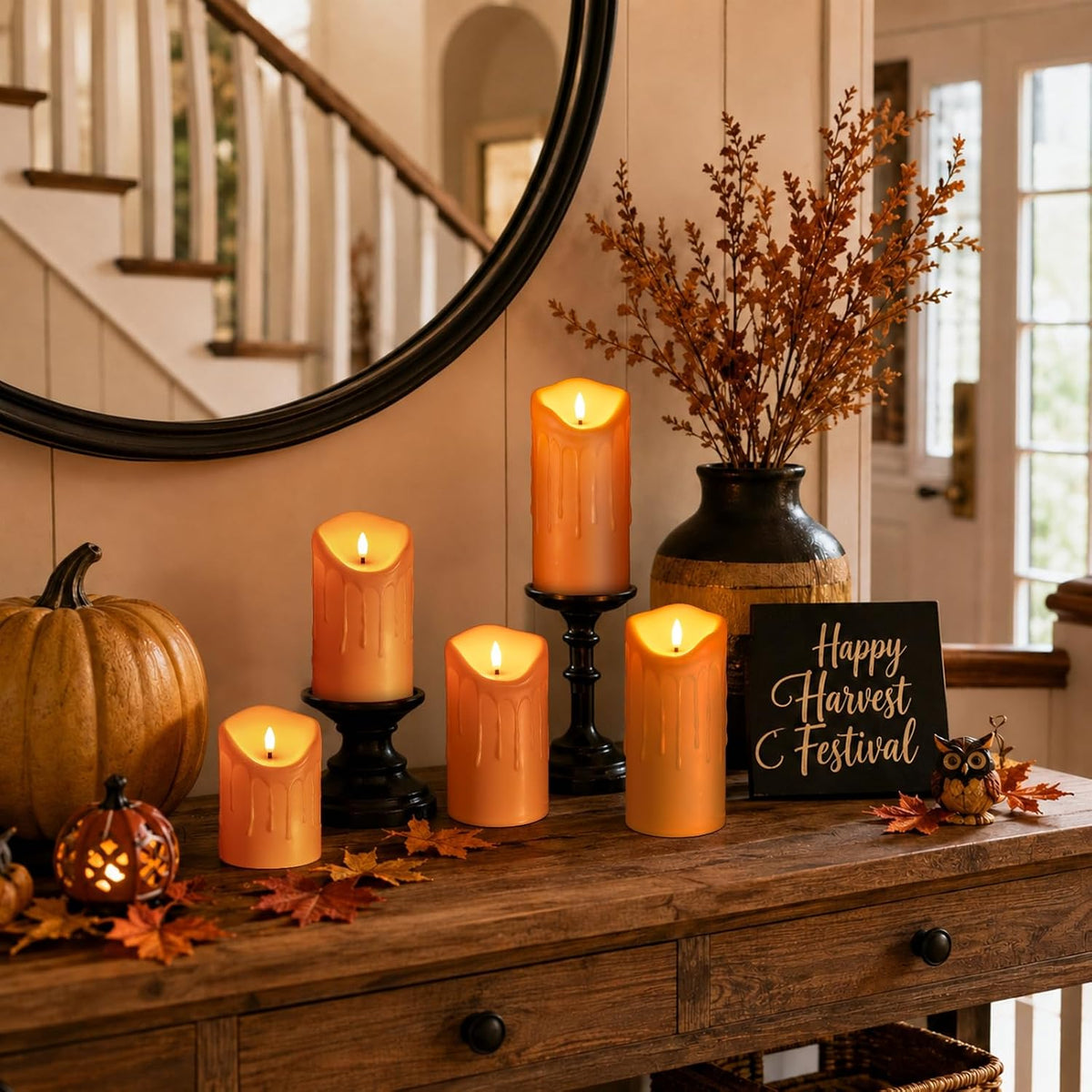 Orange Flameless Candles 5 Pack, Battery Operated Pillar Candles Fall Decor