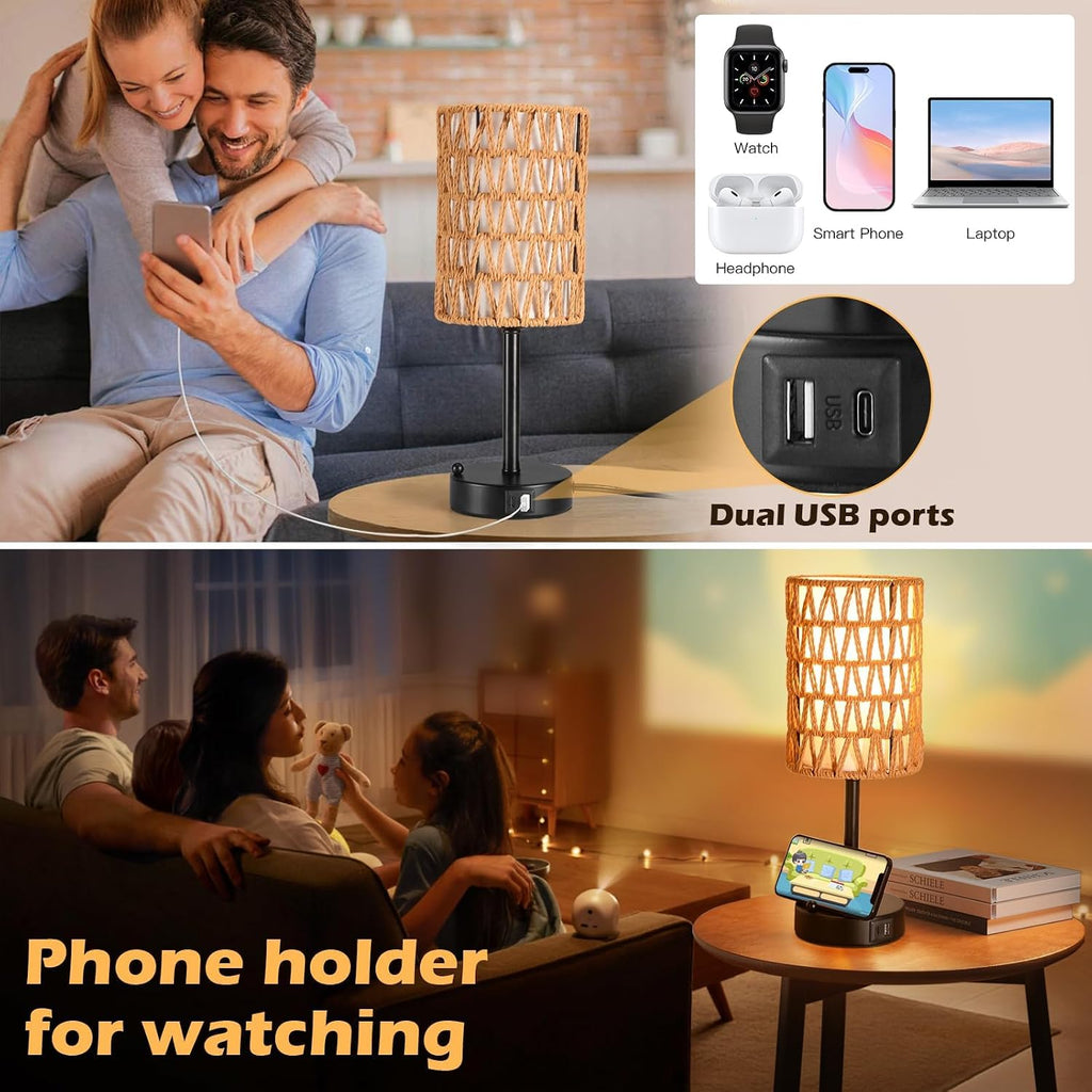Rattan Table Lamps for Living Room, 3 Way Dimmable Touch Lamps, Small Bedside Lamps with LED Bulbs, Phone Stand, USB Ports and AC Outlet, Boho Nightstand Lamp for Kids Room, Bedroom, Office (2 Pack)