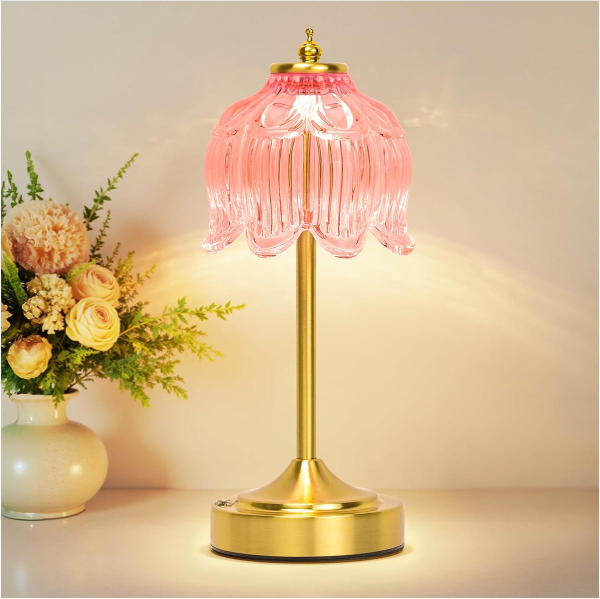 Cordless Table Lamp, Rechargeable Pink Glass Lotus Flower Lamp