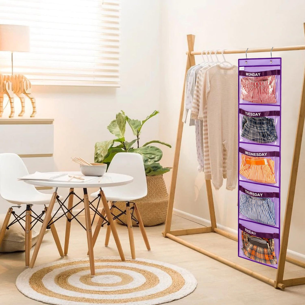 Day of Week Kids Clothes Organizer Weekly Hanging Closet Organizer Monday to Friday School Clothing Storage (PURPLE)