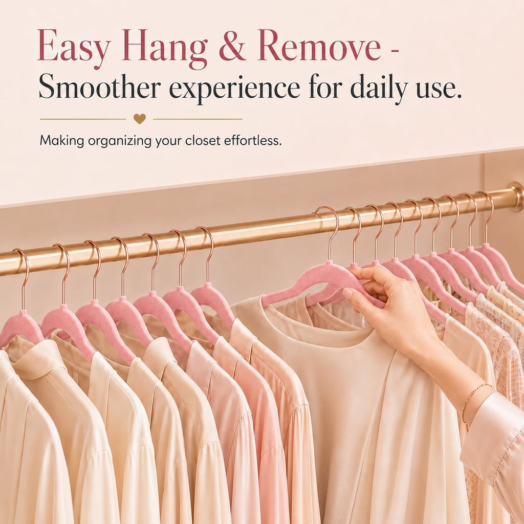 Smartor Pink Velvet Hangers 50 Pack, Non Slip Rose Gold Hook Felt Hangers