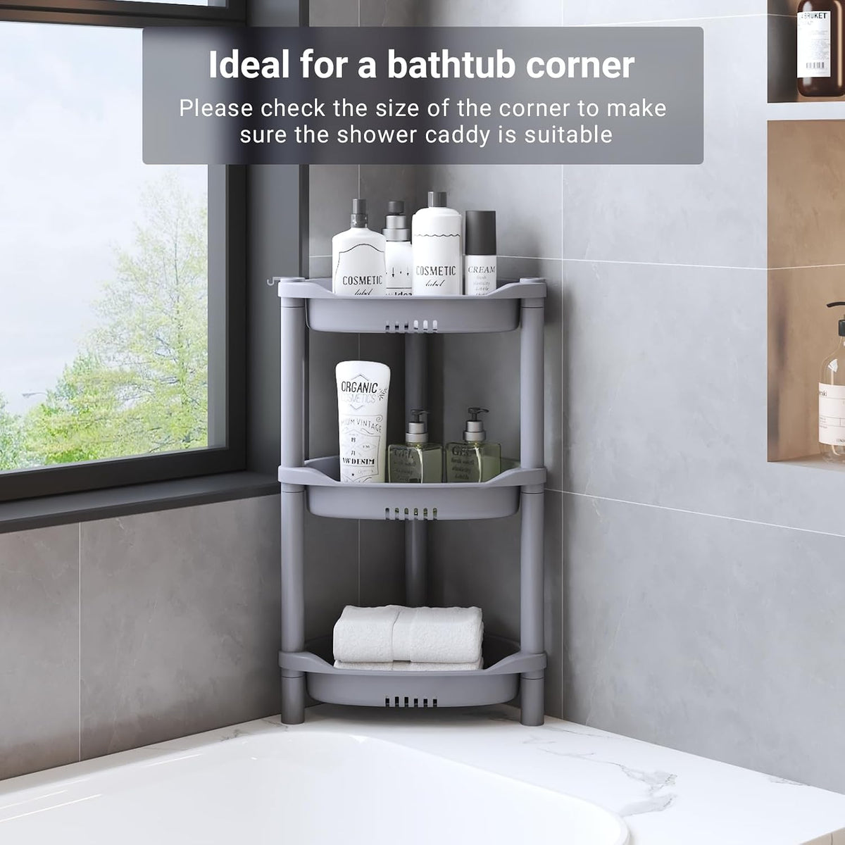 ELYKEN Corner Shower Caddy Standing, 3 Tier Plastic Shower Organizer, Grey