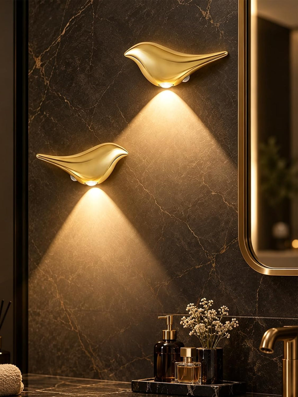 Cordless Gold Wall Lights for Bathroom: Decorative Bird Sculpture 2 Pack
