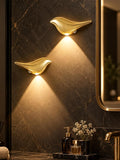 Cordless Gold Wall Lights for Bathroom: Decorative Bird Sculpture 2 Pack