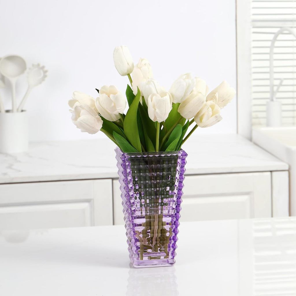 Crystal Vase, Large Crystal Vases for Flowers, Purple Large Flower Vase, Modern Glass Vases for Living Room, Bedroom, Kitchen, Dining Table, Mantle, Wedding, 9 Inches