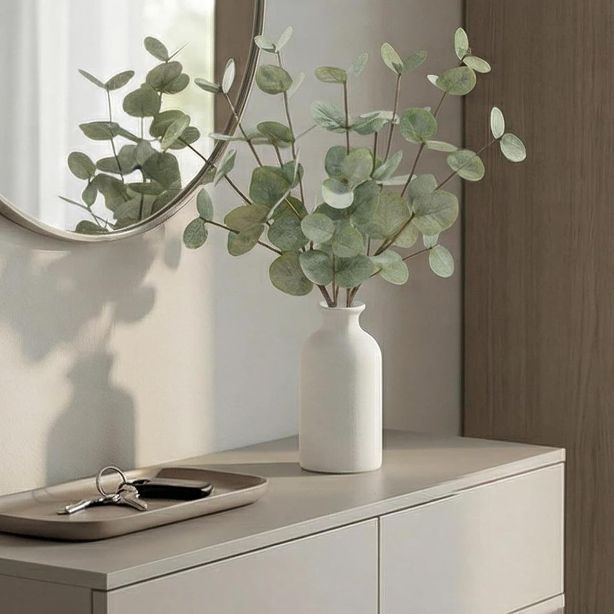 15" Artificial Eucalyptus Stems Potted Plant - Realistic Small Fake Desk Plants for Office Home Decor, Faux Plants in Frosted Ceramic Vase for Indoor Spaces, Wedding Centerpieces Table Decor-4pcs leaf