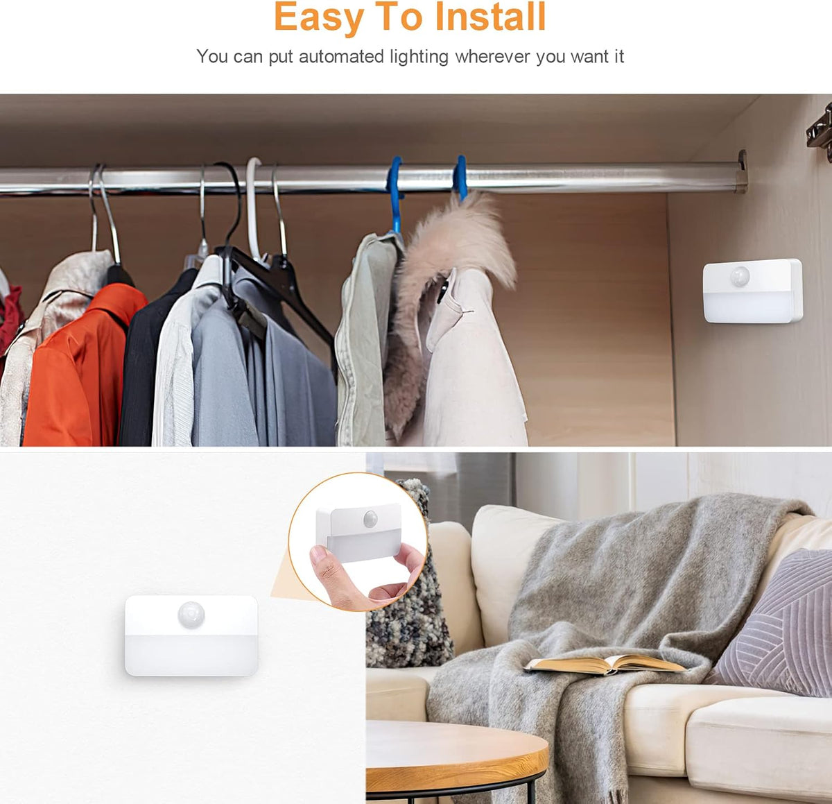 【4 Pack】 Motion Sensor Night Light, Stick-On Motion Sensor Lights Indoor, Battery Powered Under Cabinet Kitchen Lights with Adhesive Pads, Auto/On/Off for Cupboard Wardrobe Stair Kitchen- Warm White