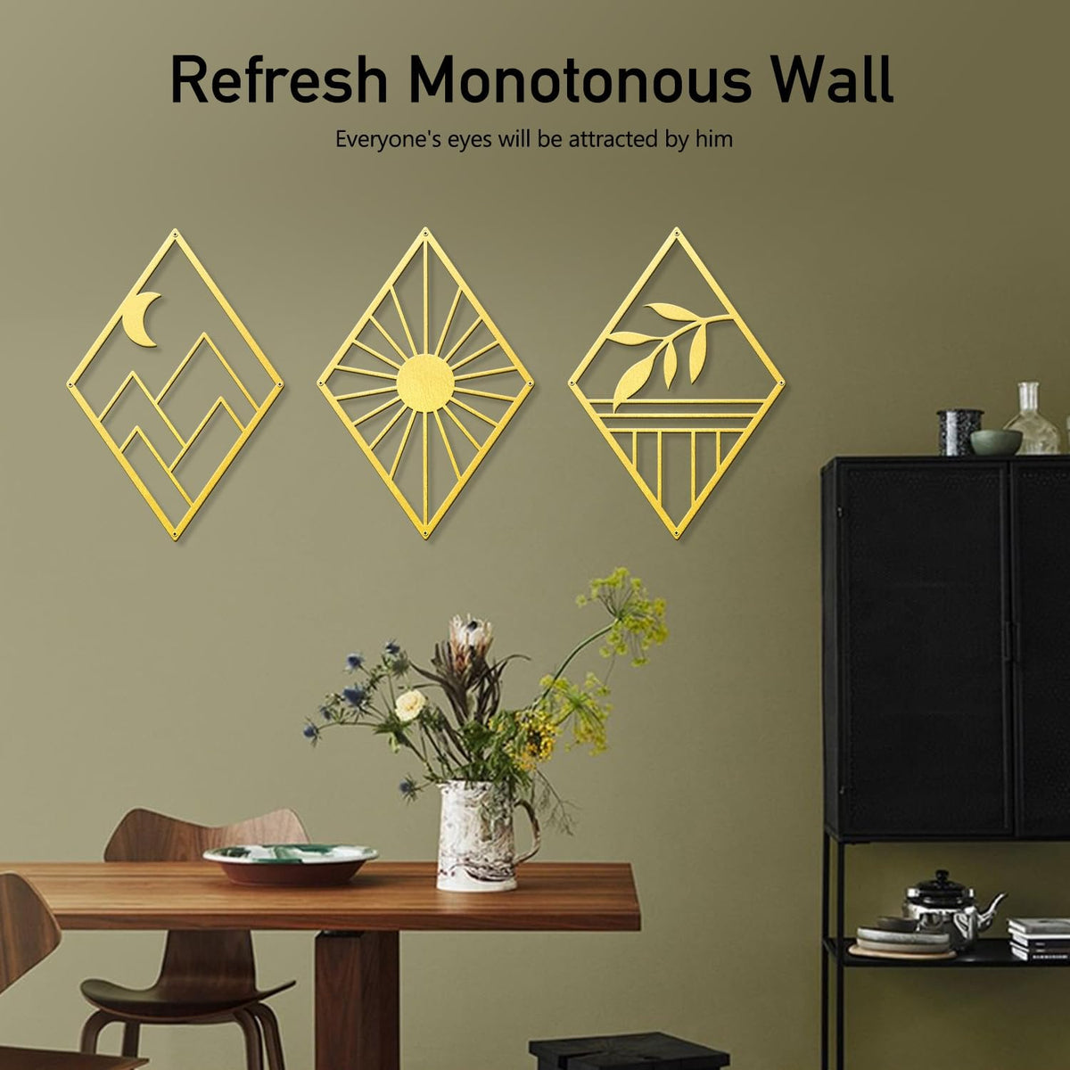 Sokurdeg Gold Metal Wall Art, Boho Minimalist Geometry Wall Art, Bohemian Abstract Line Metal Art Wall Decor for Bedroom Bathroom Living Room (3 Pack, 12 x 17 in)