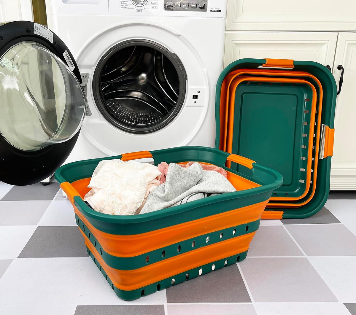 SAMMART 42L (11 gallons) Set of 2 Plastic Foldable Storage Basket/Container - Collapsible, Space Saving and Portable Laundry Hamper, Ideal for Home, Travel, Dorm (2, Teal Green/Autumn leaf)
