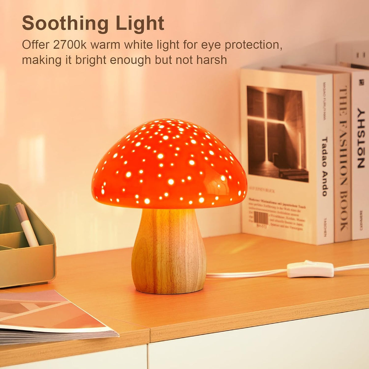 BOHON Mushroom Lamp Ceramic Bedside Table Lamp, Red