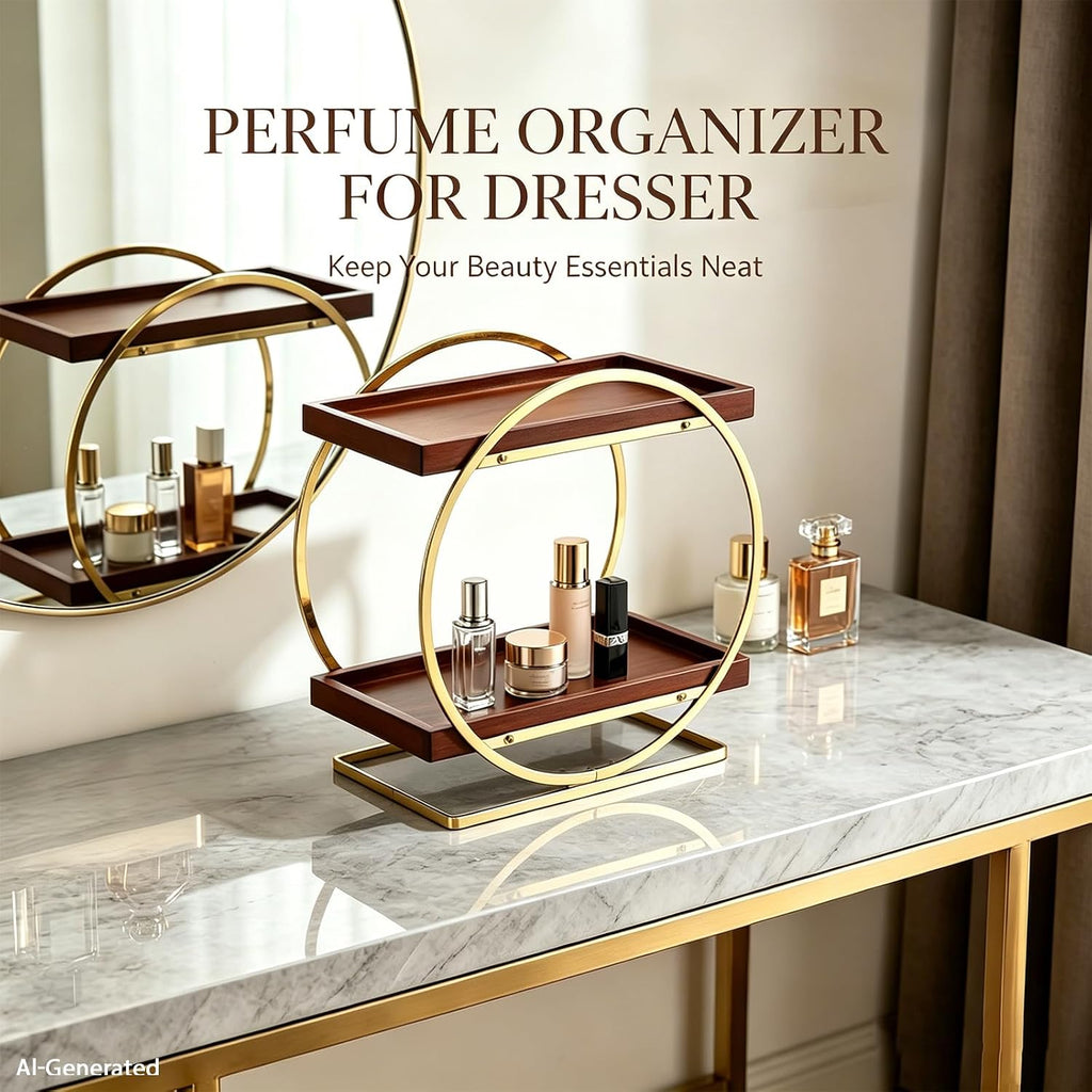 2-Tier Bathroom Organizer Countertop, Wooden Gold Perfume Organizer