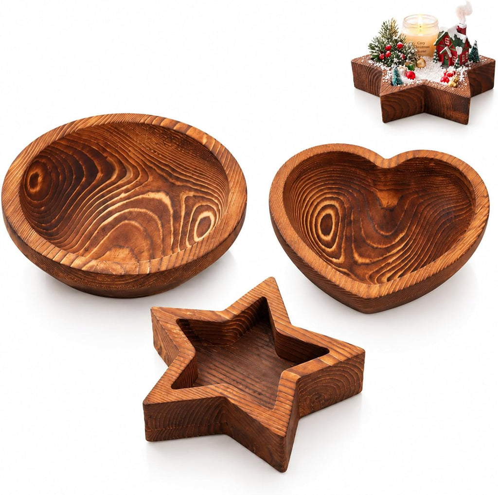 GlikCeil 3 Pack Wooden Dough Bowls Trays for DIY Craft, Standard, Brown
