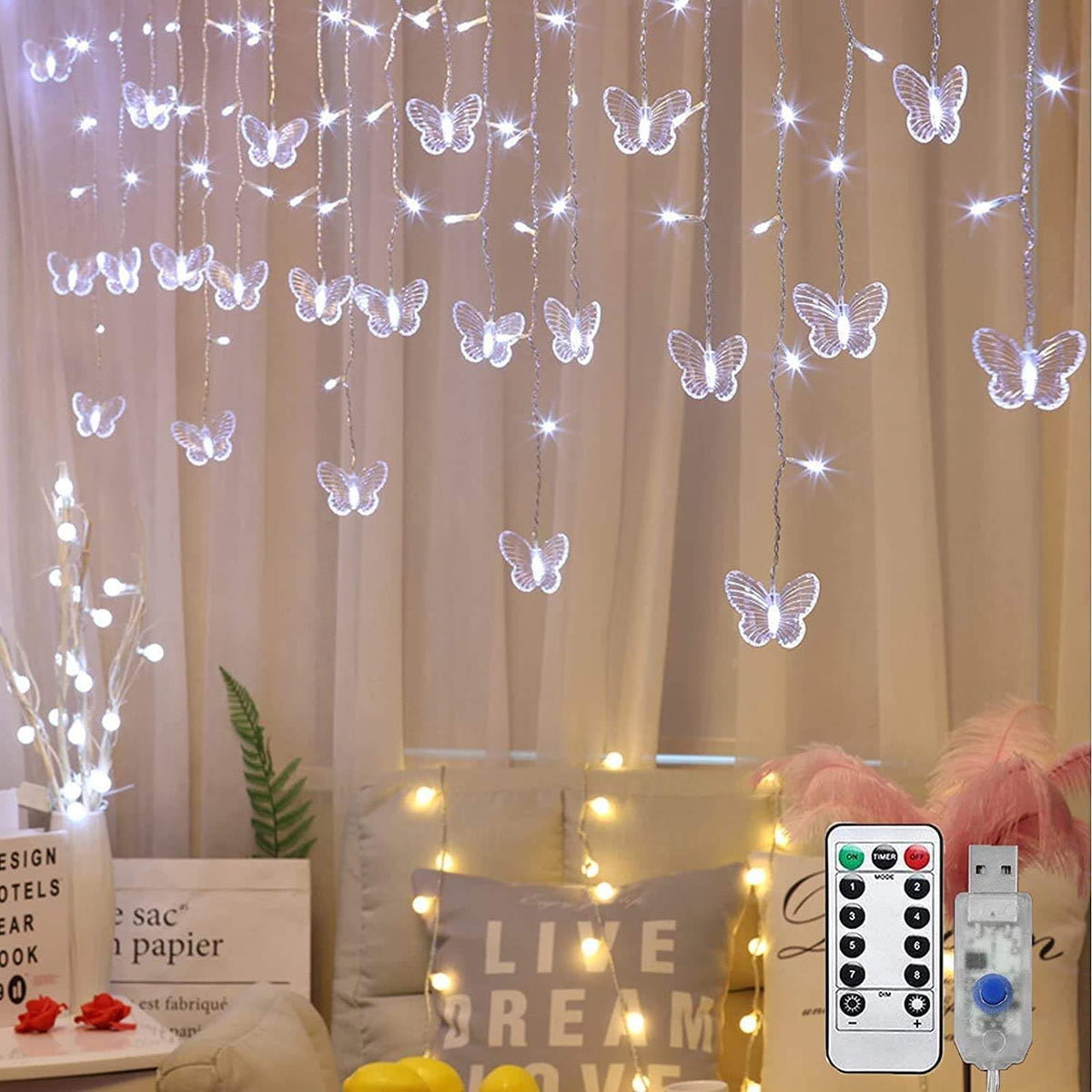 Lainin String Lights 13FT 96 LED Curtain Lights 18 Butterfly Drops Twinkle Lights 8 Modes Fairy String Lights for Party Indoor Outdoor Room Garden Wall Wedding Christmas Xmas Decorations (White)