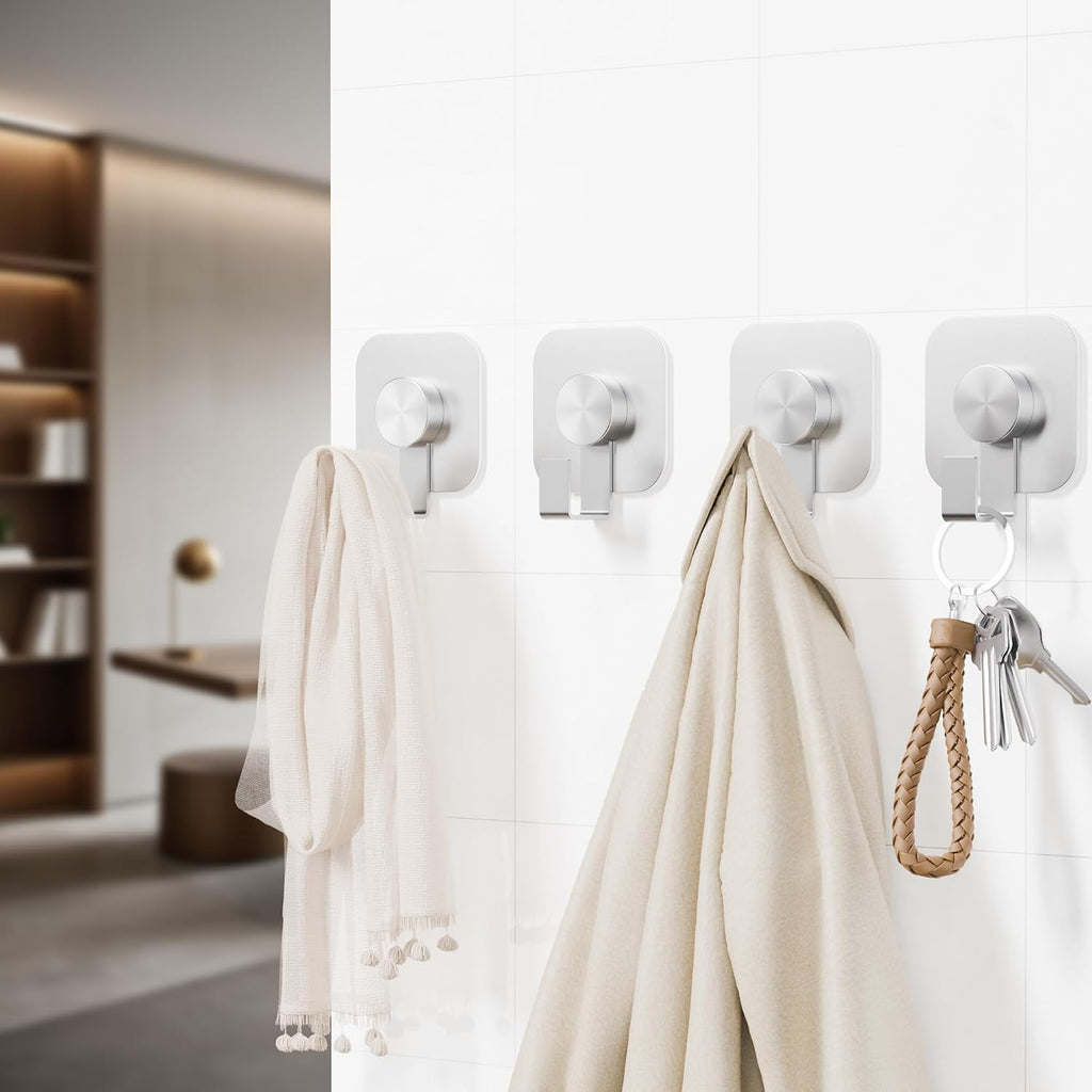 Aikzik 4 Pack Large Heavy Duty Wall Hooks - 26lb Max, Stainless Steel Adhesive Towel Hooks for Hanging Coat, Towel, Robe, Keys, Sticky Shower Hook for Door, Home, Bathroom, Kitchen, Office- Silver