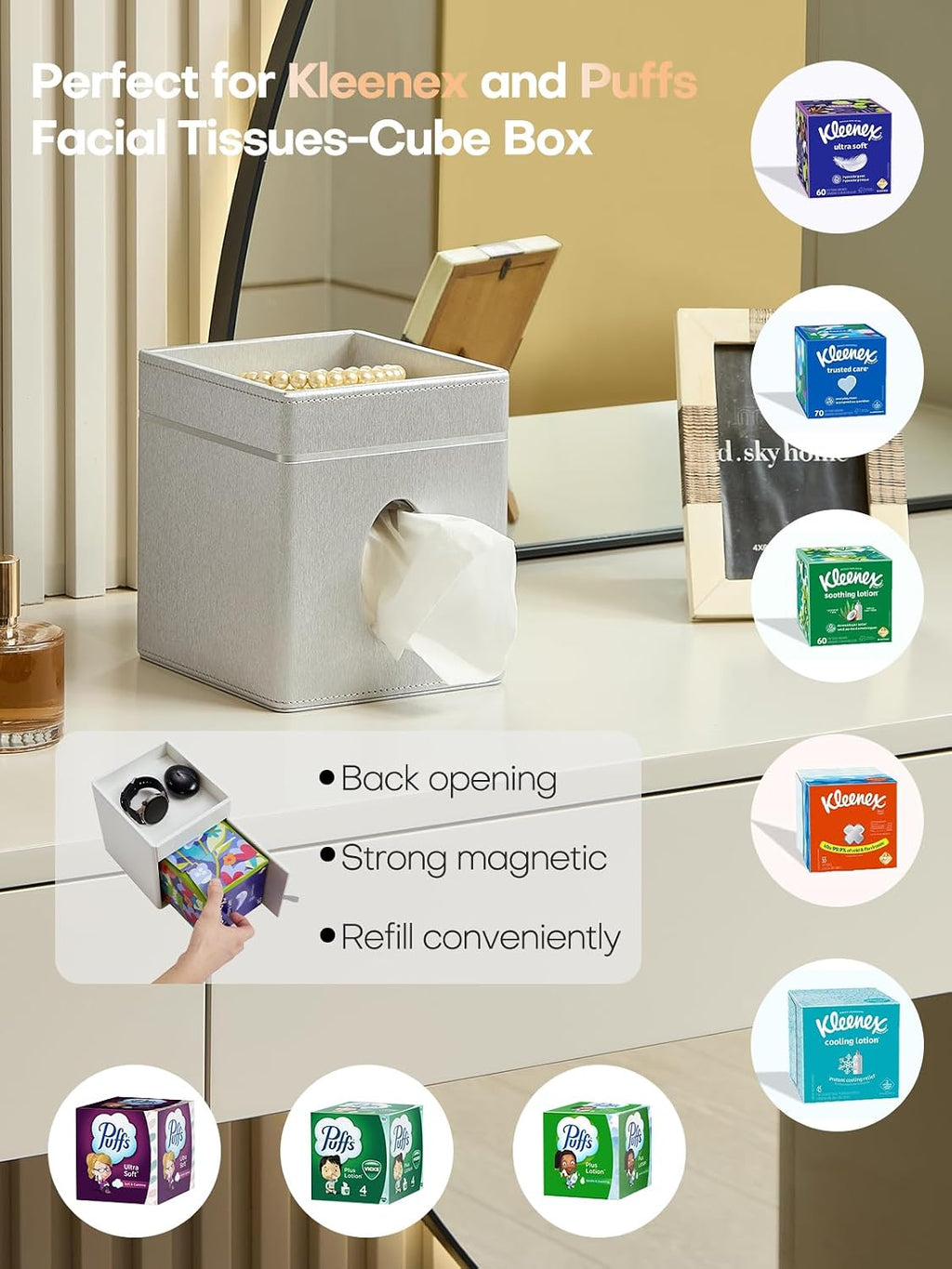 Square Tissue Box Cover Holder with Tray Compatible with Kleenex/Puffs Cubes,Patented Metal-Look PU Leather (Liquid Iridium)