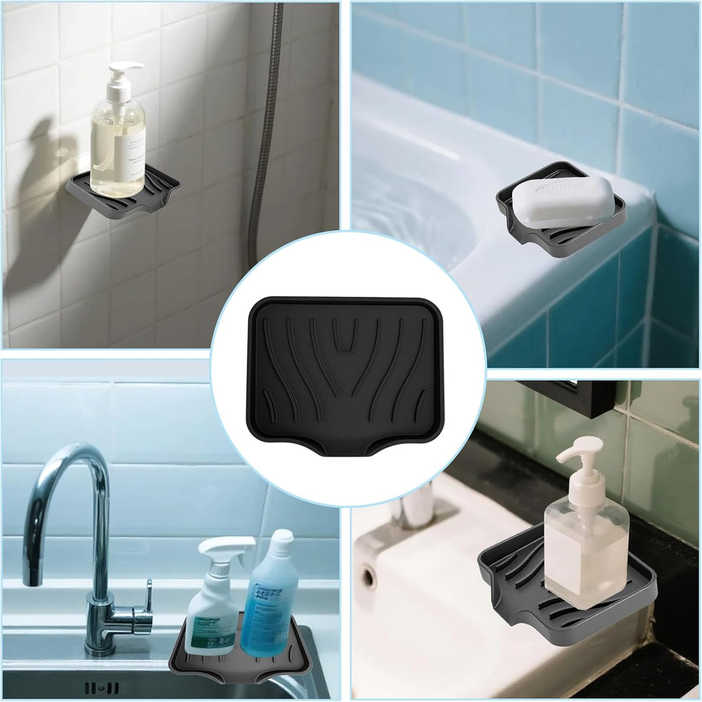 2 Pack Silicone Soap Dish with Drain, Self Draining Bar Soap Holder for Shower, Silicone Dish Soap Tray, Bathroom and Kitchen Sink Organizer, Black