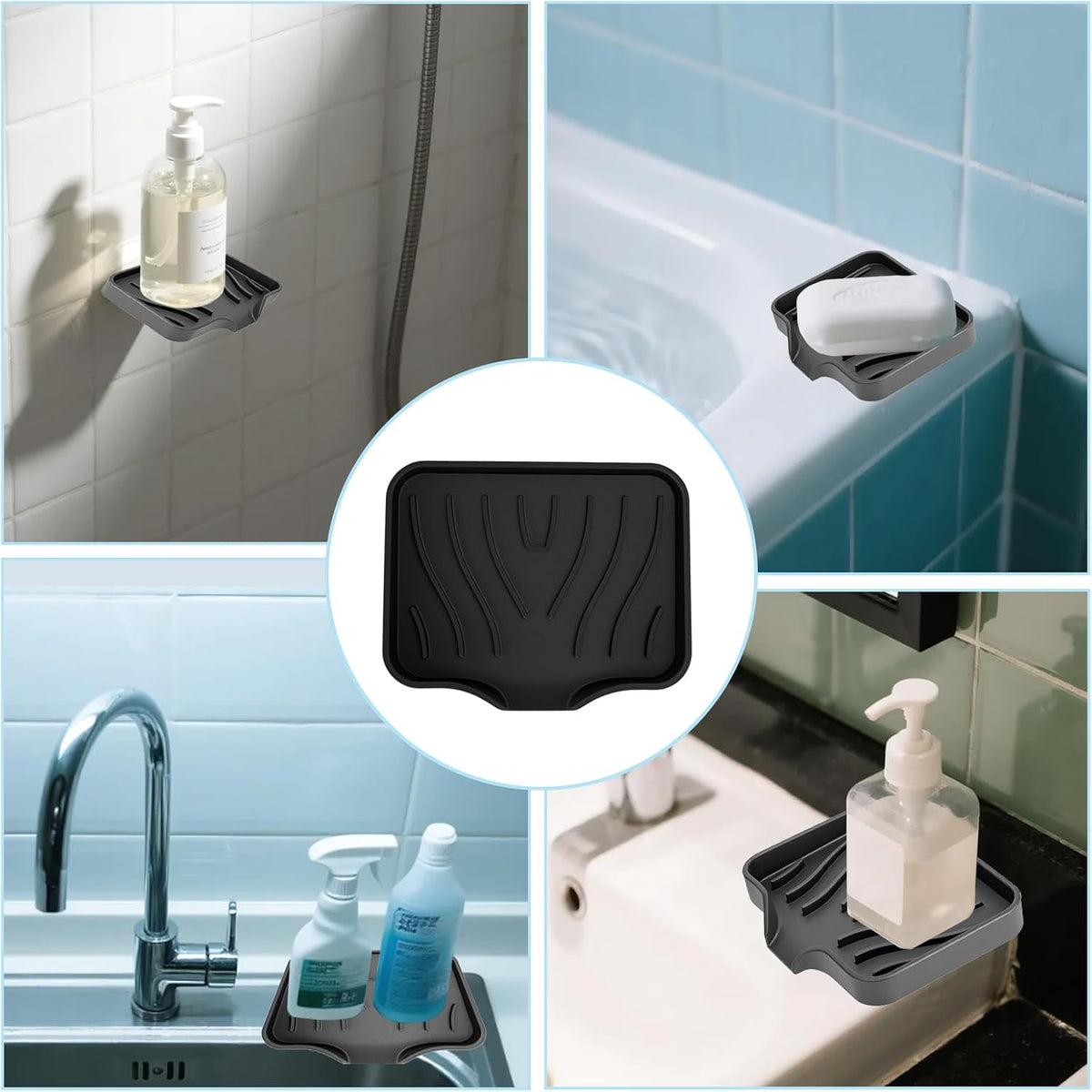 2 Pack Silicone Soap Dish with Drain, Self Draining Bar Soap Holder for Shower, Silicone Dish Soap Tray, Bathroom and Kitchen Sink Organizer, Black