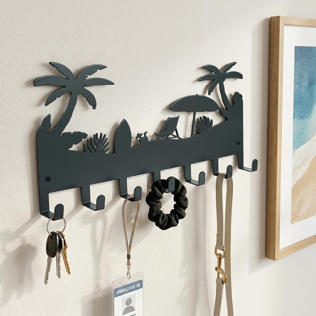 Coastal Metal Palm Tree Key Holder Wall Mount, Tropical Beach Key Hanger