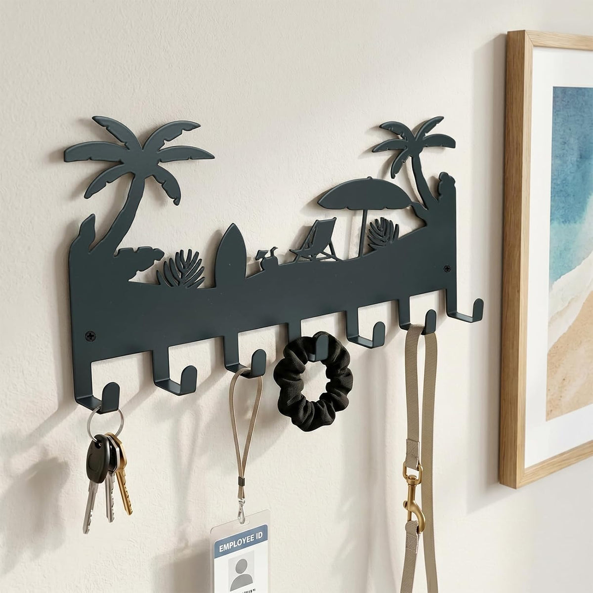 Coastal Metal Palm Tree Key Holder Wall Mount, Tropical Beach Key Hanger