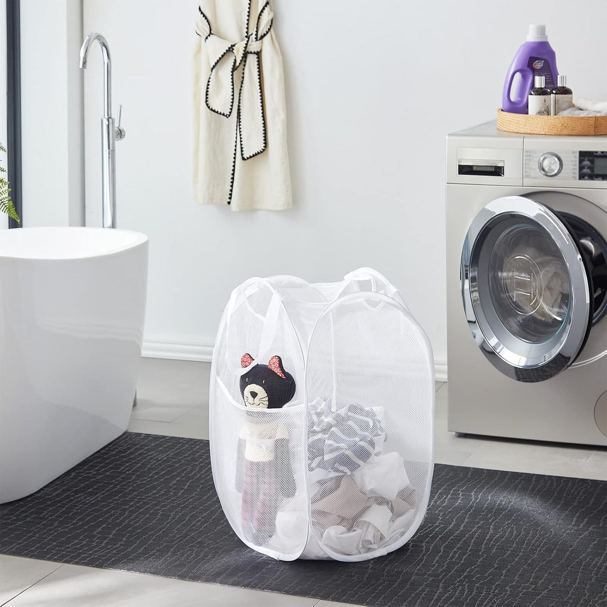 TECHMILLY Collapsible Mesh Pop Up Laundry Hamper with Sturdy Handles and Side Pocket - Portable Foldable Clothes Baskets for Dorm, Bathroom & Travel Storage (White, 3 Packs)