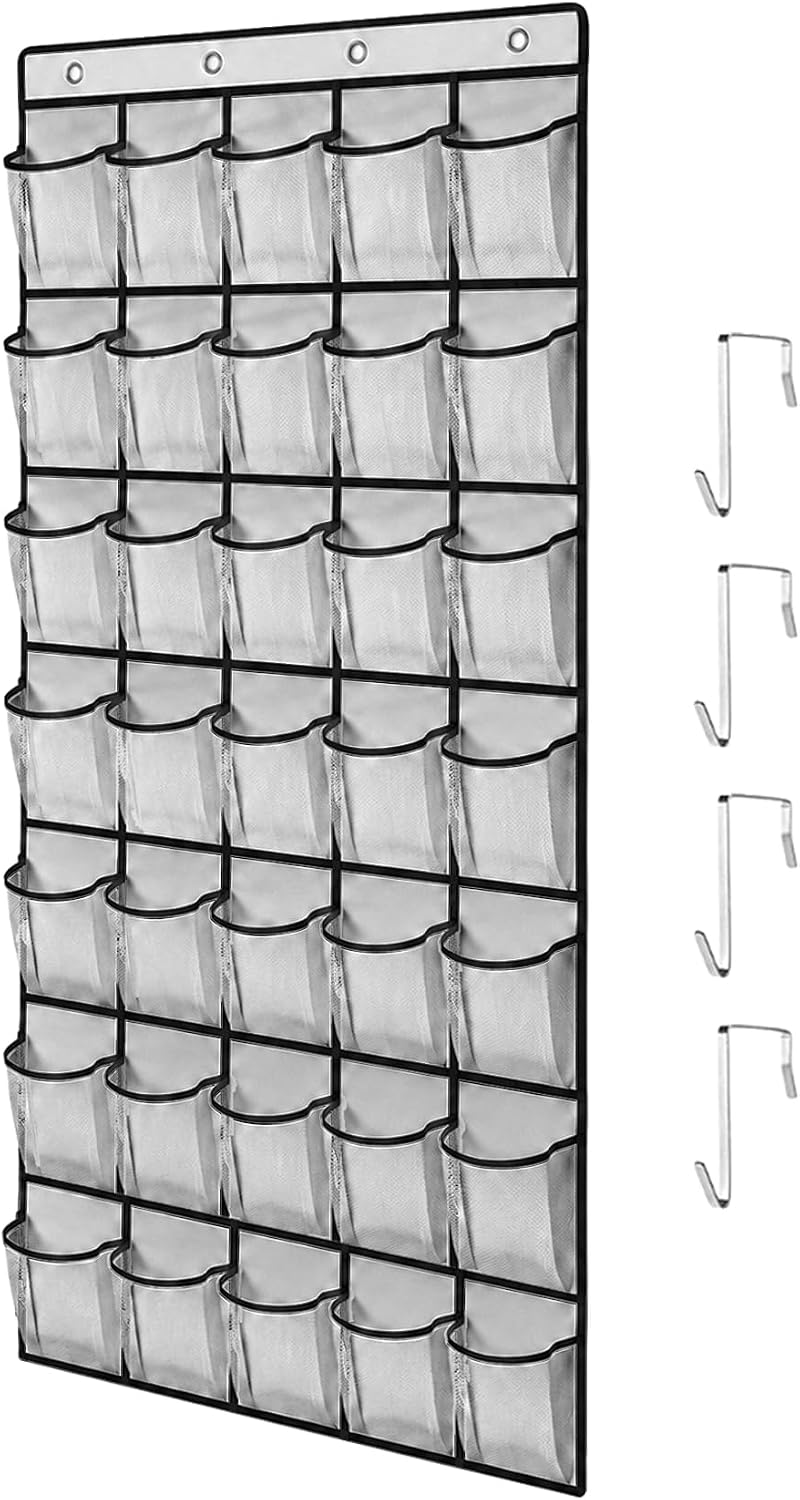 35 Pockets Over The Door Shoe Organizer, Large Breathable Mesh Hanging Shoe Rack with 4 Metal Hooks, Space Saving Gray Over Door Shoe Storage Holder Mesh Bag for Closet Entryway Bedroom Pantry